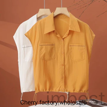 Thời Trang Phong Cách Mới Nữ Không Tay Áo Sơ Mi Hai Túi polo Cổ Áo Sơ Mi Dây Rút Hẹp Nữ Ngắn Top Quần Áo Nữ
