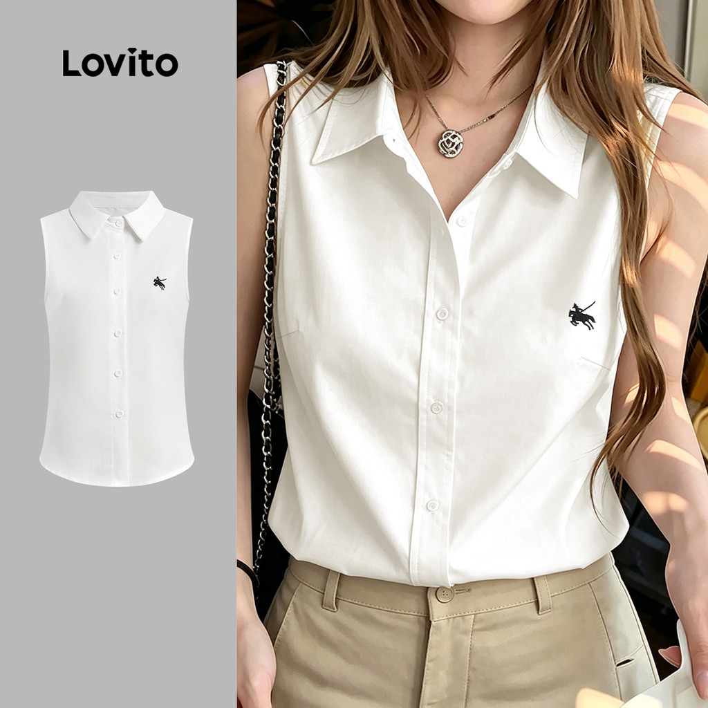 Lovito Áo sơ mi trắng nữ mùa xuân/hè kiểu dáng thanh lịch họa tiết đơn giản cài cúc TKK8P2D854
