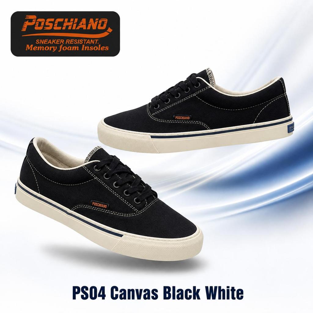 [PS04 Canvas Black White] Giày Sneaker - Poschiano - NAM - NỮ Chống trơn trượt  - Vải Canvas Cao Cấp - Đế Cao Su Crepe 