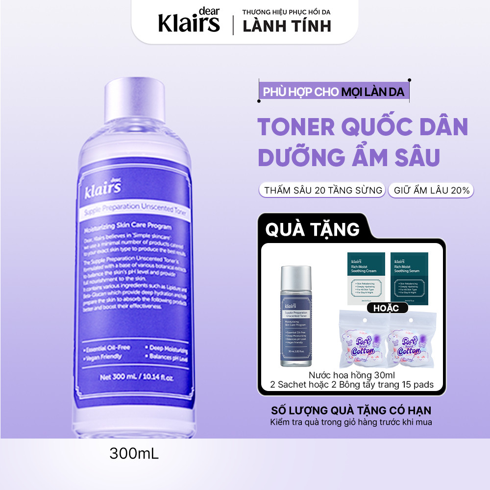 Nước hoa hồng Dear, Klairs Supple Preparation Unscented Toner hỗ trợ cấp ẩm 300ml [FS]