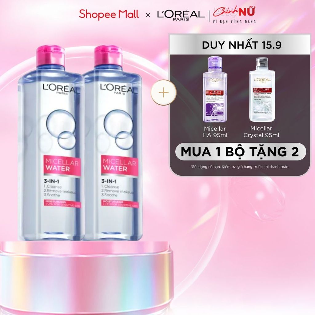 Bộ 2 nước tẩy trang dưỡng ẩm mượt da 3in1 L'Oreal Paris Micellar Water 400ml