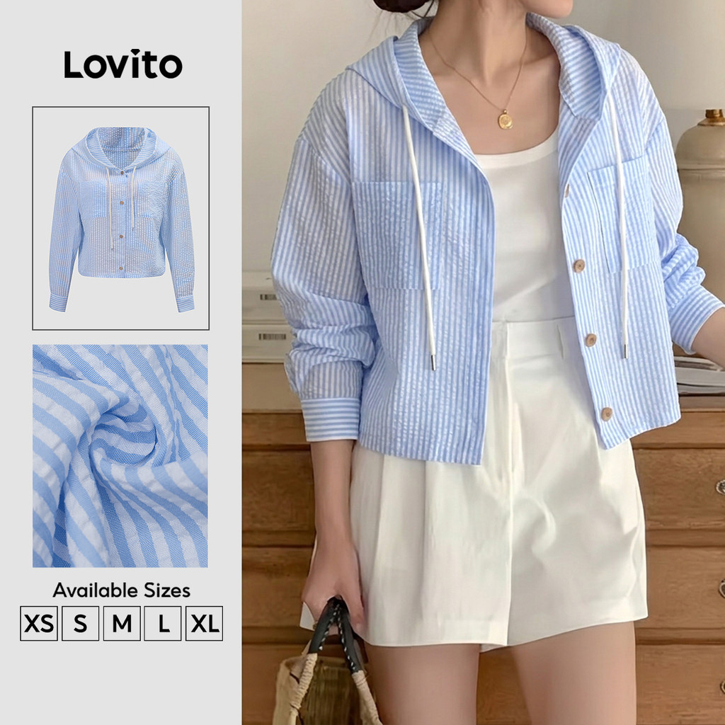 Lovito Áo khoác phong cách thường ngày kiểu Hàn Quốc có nút giả túi mùa xuân/hè màu xanh dương cho nữ LNE1483161