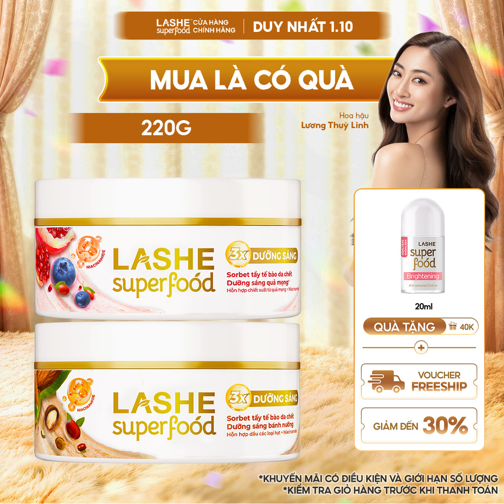 Kem Tuyết Tẩy Tế Bào Chết LASHE SUPERFOOD Dưỡng Sáng Da Hương Quả Mọng 240G / Hương Bánh Nướng 220G