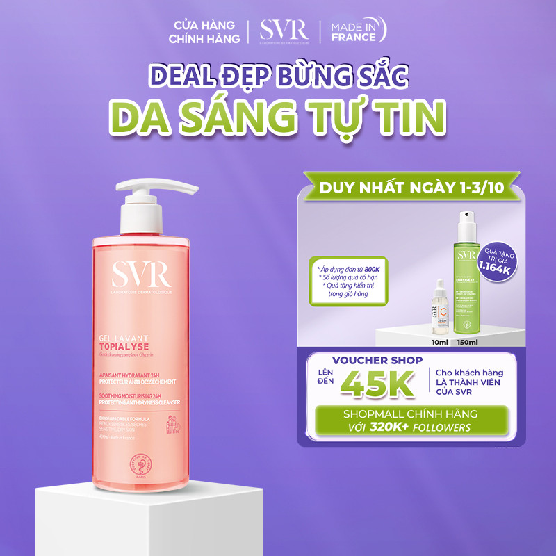 Gel rửa mặt không xà phòng cho da khô, nhạy cảm SVR Topialyse Gel Lavant 400ml