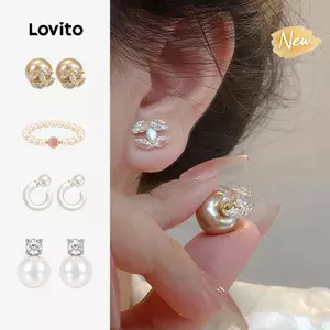 (New Arrival) Lovito Bông Tai ngọc Trai tròn đính đá Pha lê thời Trang Hàn Quốc Sang trọng ERFB132FX033