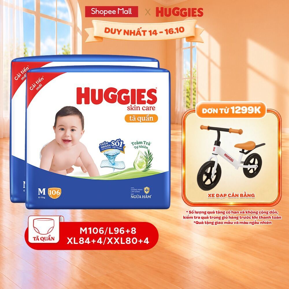 Combo 2 Tã/Bỉm quần Huggies Skincare Mega Jumbo M106/L96+8/XL84+4 với tràm trà dịu da