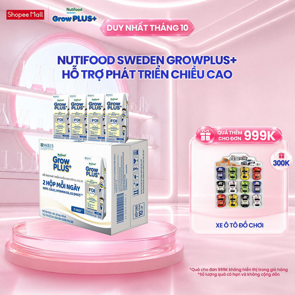 Thùng 24 hộp Sữa Bột Pha Sẵn Nutifood Sweden GrowPLUS+ Cao lớn vượt trội hộp 180 ml