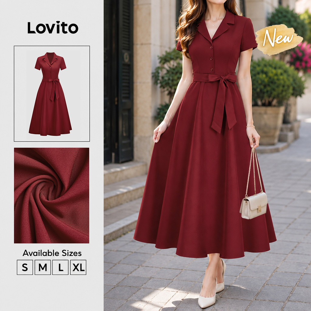 Lovito Đầm Dài Dáng Boho Xếp Ly Cài Cúc Phía Trước Màu Đỏ Dành Cho Nữ Thích Hợp Mặc Cuối Tuần Hoặc Đi Nghỉ Mát DRK10BR385