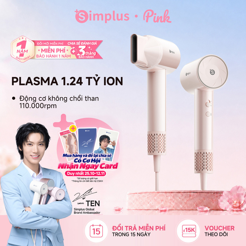 Máy sấy tóc Simplus tốc độ cao 12.4 tỷ ion plasma 8 chế độ sấy 110K rpm động cơ không chổi than siêu nhẹ di động CFJH014