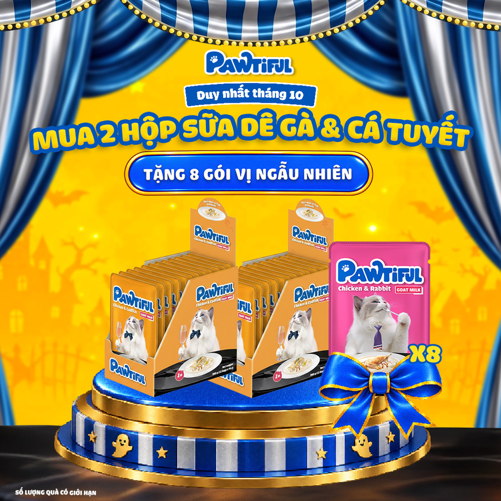 [MUA 2 HỘP TẶNG 8 GÓI] 2 Hộp Pate Pawtiful cho mèo dạng Sữa dê vị Gà & cá tuyết 2hộp x12túi x70g