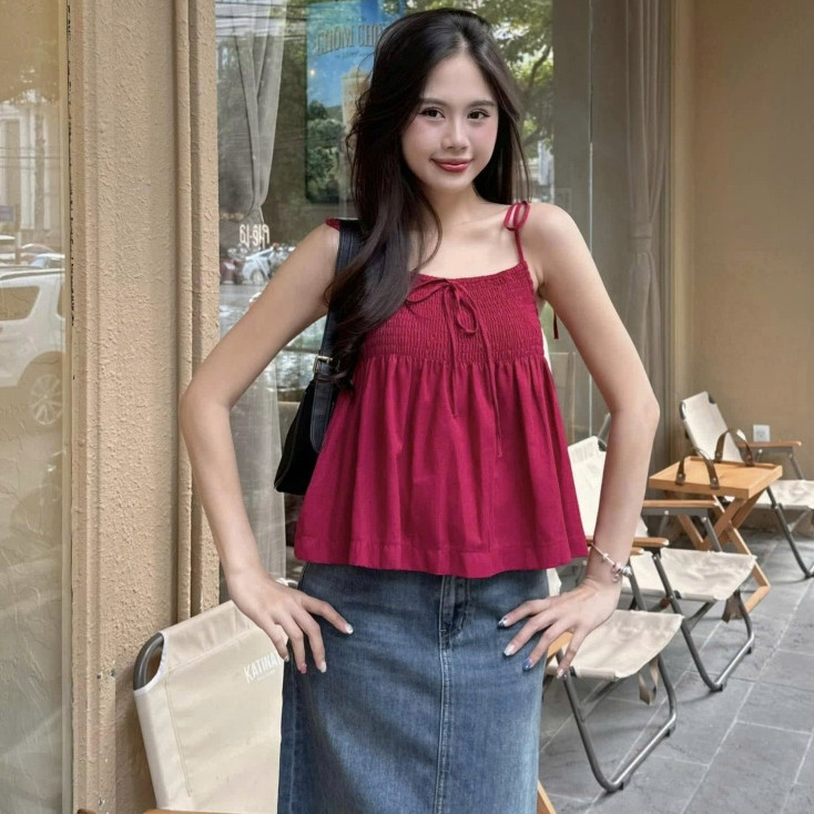 Áo hai dây sọc thổ cẩm mát thiết kế mocking nhún ôm dáng phối nơ điệu đà-A345 , A589