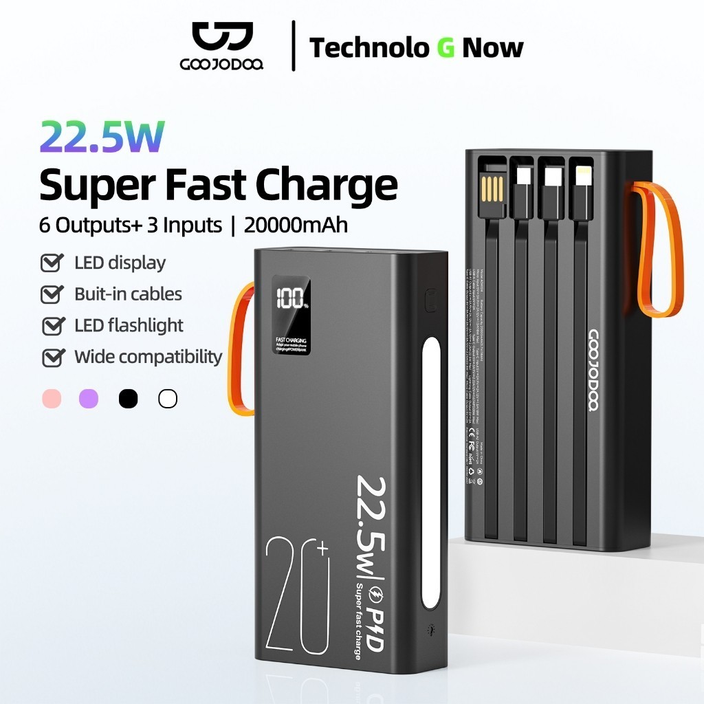 GOOJODOQ Power Bank 22,5W PD Sạc nhanh Màn hình LED 20000mAh Cáp tích hợp có đèn pin LED