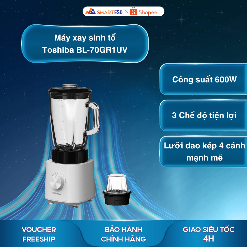 Máy xay sinh tố Toshiba BL-70GR1UV 1.5L, lưỡi dao kép 4 cánh - Bảo hành chính hãng 12 tháng