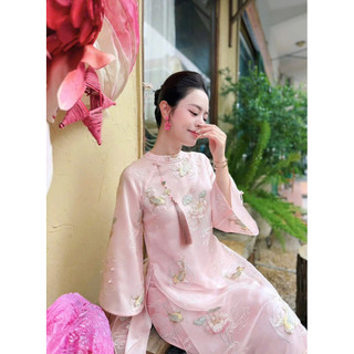 [Sẵn] Set Áo Dài Gấm Thêu Hoạ Tiết Nổi Mix Quần Lụa Dáng Dài, Set Bộ Áo Dài Tay Loe Thêu Tay Phối Quần Lụa Suông Asasino