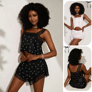 Phụ Nữ Nơ Ren Phối Quần Short Loungewear Set Sáng Bóng Chi Tiết Thiết Kế Cho Phòng Ngủ Giải Trí Trong Nhà Đêm Hàng Ngày Thư Giãn Mặc