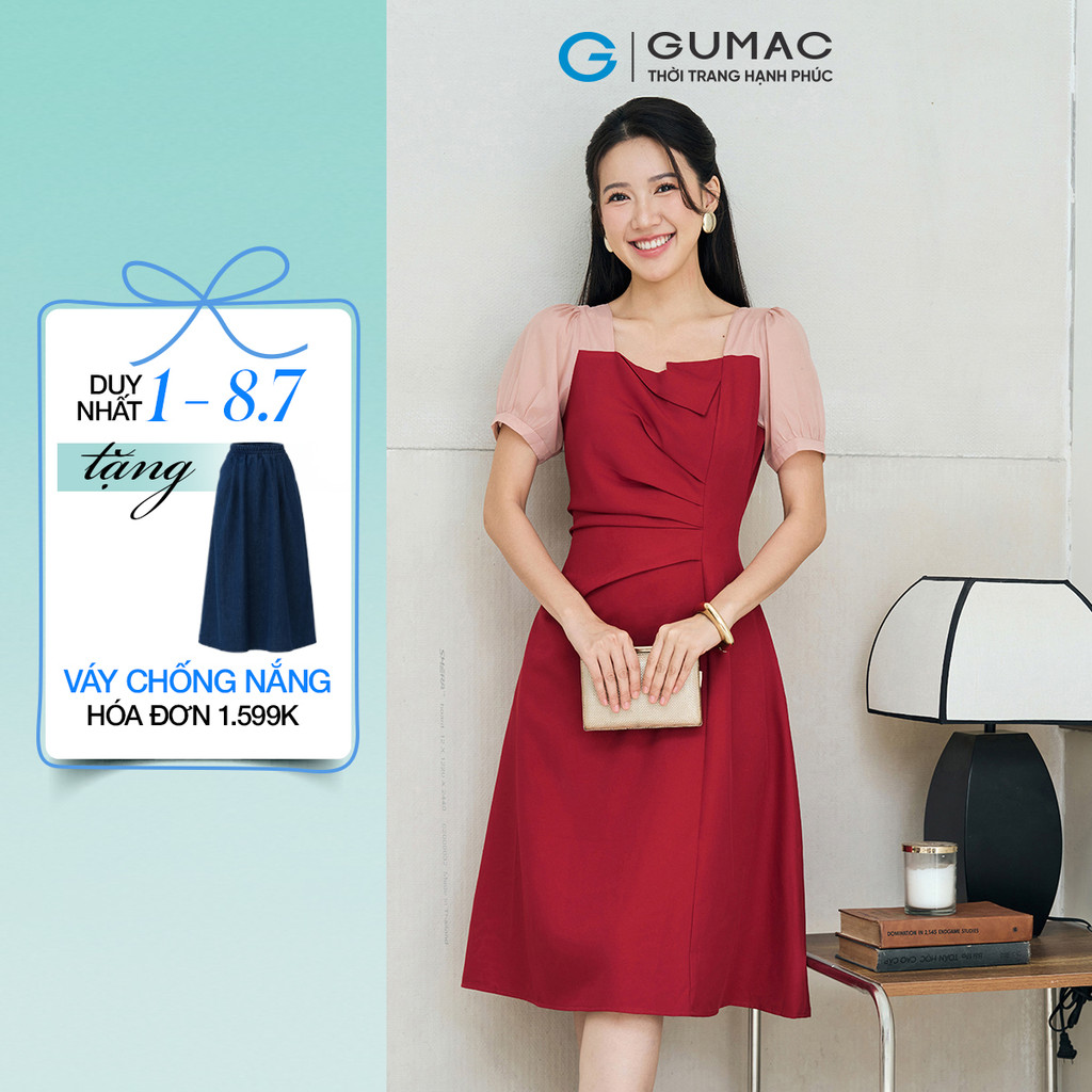 Đầm Nữ GUMAC Form A Xếp Ly Tay Phồng Phối Tơ Nữ Tính Hiện Đại LDE0701