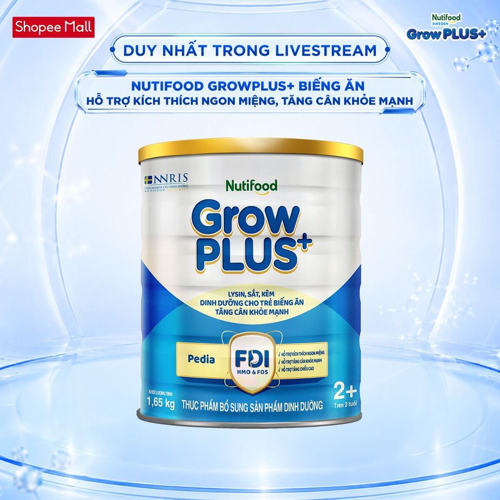 [LIVESTREAM KOL] Sữa Bột Nutifood GrowPLUS+ Biếng Ăn (Xanh) 2+ - Tăng Cân Khỏe Mạnh (Lon 1,65 Kg)