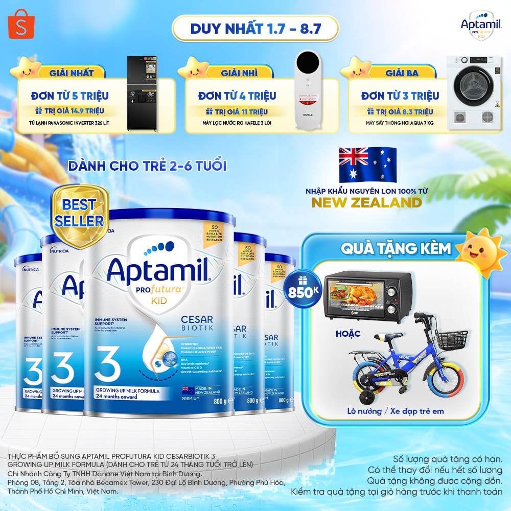 [MUA LÀ CÓ QUÀ] Combo 5 Sữa bột Aptamil Kid Cesarbiotik New Zealand số 3 (800g) cho bé 2-6 tuổi_LS
