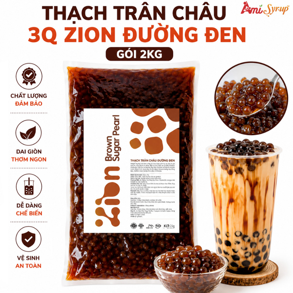 Thạch Trân Châu 3Q Zion Đường Đen Gói 2kg, Topping Trà Sữa Dẻo Dai Thơm Ngon