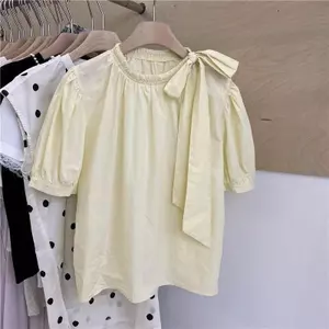Áo sơ mi ngắn tay có dây buộc phong cách Pháp dành cho nữ Thiết kế mùa hè Cảm giác tính khí Áo thun siêu đẹp giảm tuổi
