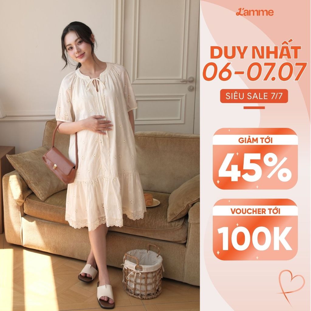 Váy bầu suông hè Flory Dress chất liệu thô boi thêu hoa cao cấp phối đuôi váy xếp li thiết kế-L'AMME