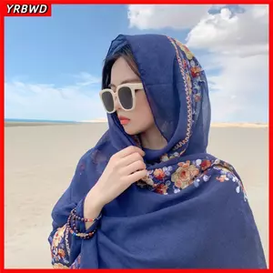 YRBWD Mùa Hè Hijab, Vải Lanh Cotton Khăn Đi Biển Nữ, Thời Trang Siêu Mỏng Thêu Hoa Chống Nắng Khăn Choàng Và Quấn