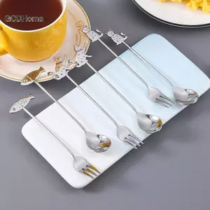 GCDHome Sáng Tạo Thép Không Gỉ Cà Phê Khuấy Thìa Hoạt Hình Mèo Cá Treo Cốc Cà Phê Trái Cây Món Tráng Miệng Nĩa Sữa Kem Bộ Đồ Ăn HOT