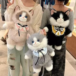 Ba lô Ragdoll sang trọng JUIC, Ba lô mèo sang trọng mô phỏng hoạt hình dễ thương thực tế, Kawaii Dung tích nhỏ Túi đi học búp bê sang trọng mềm mại dành cho nữ