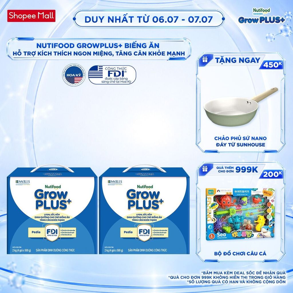 Combo 2 Sữa Bột Nutifood GrowPLUS+ Biếng Ăn (Xanh) 1+ - Tăng Cân Khỏe Mạnh (2 Hộp 2 Kg)