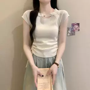 Áo thun ngắn tay dệt kim màu hồng ngọt ngào mùa hè 2026 Dây rút bướm ba chiều có chiều rộng hẹp Slim-fit