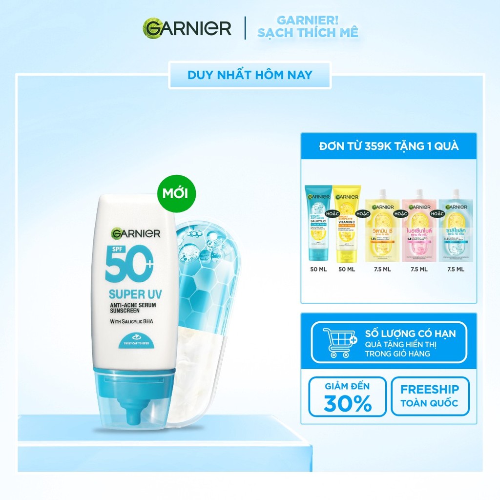 Kem Chống Nắng Garnier Phổ Rộng Kiềm Dầu Đến 12H & Hỗ Trợ Giảm Mụn Spf 50+PA++++ 30ML