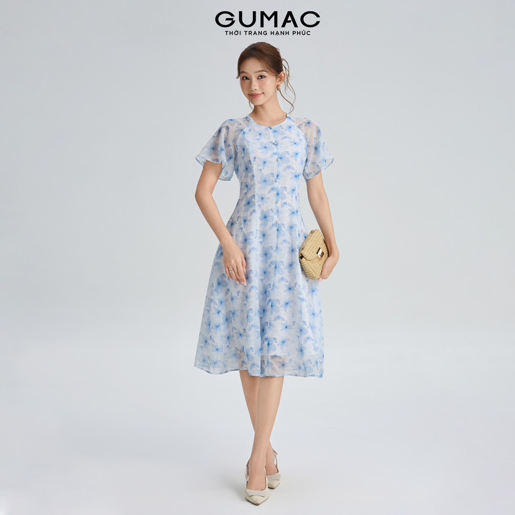 Đầm Nữ Dáng A Xòe GUMAC Cổ Tròn Tay Cánh Tiên Đính Nút Trang Trí Chất Tơ 2 Lớp Bay Nhẹ Thanh Lịch DG06035