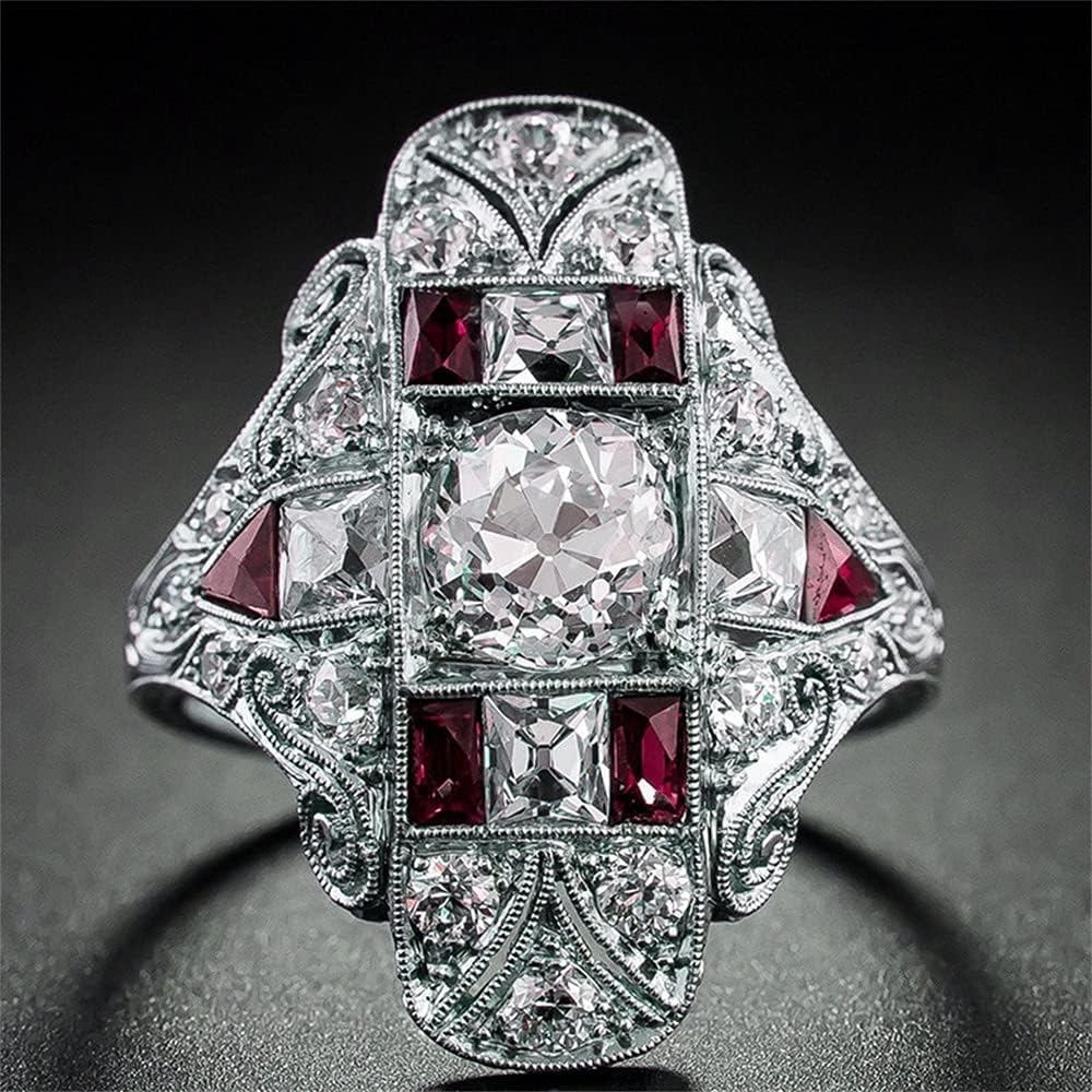 SixTwo Thời Trang Sang Trọng Topaz Nhẫn Bạc 925 CZ Phong Cách Tòa Án Cổ Điển Sapphire Đỏ Garnet Nhẫn Hoa Rỗng Hoa Họa Tiết Nhẫn Vĩnh Cửu Đính Hôn Nhẫn Cưới Nhẫn Hứa Cho Wo