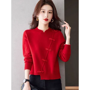 áo len nữ hàn quốc áo len sweater Mới Phong Cách Trung Quốc Áo Nút Đỏ Nữ Phiên Bản Hàn Quốc Áo Chui Đầu Cổ Tròn Áo Len Dài Tay Phong Cách Trung Hoa Nữ Năm Mới Top