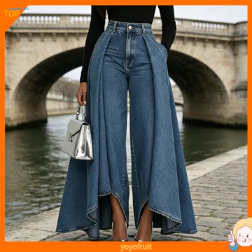 Quần ống rộng nữ YOF Quần ống rộng Quần Denim ống rộng lưng cao dành cho nữ có nút Túi dây kéo – Quần viền không đều màu trơn Thoải mái cho hàng ngày