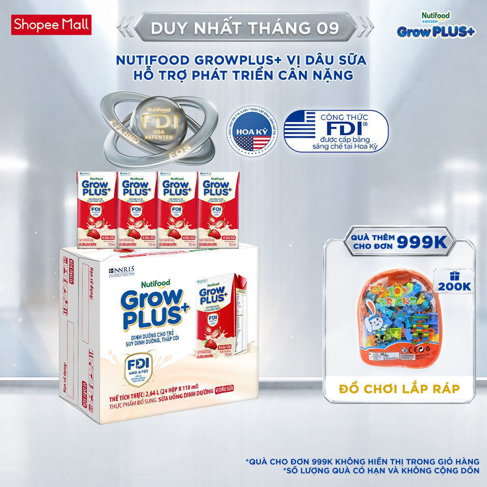 Thùng 24 hộp Sữa bột pha sẵn Nutifood GrowPLUS+ Vị Dâu hộp 110ml - Trên 1 tuổi (24 hộp x 110ml)