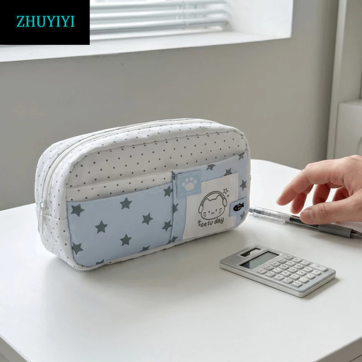 Hộp đựng bút chì họa tiết mèo ZHUYIYI, Túi đựng bút nhiều lớp màu kem chấm bi, Ins sành điệu dung tích lớn dễ thương Văn phòng tổ chức văn phòng phẩm văn phòng phẩm văn phòng