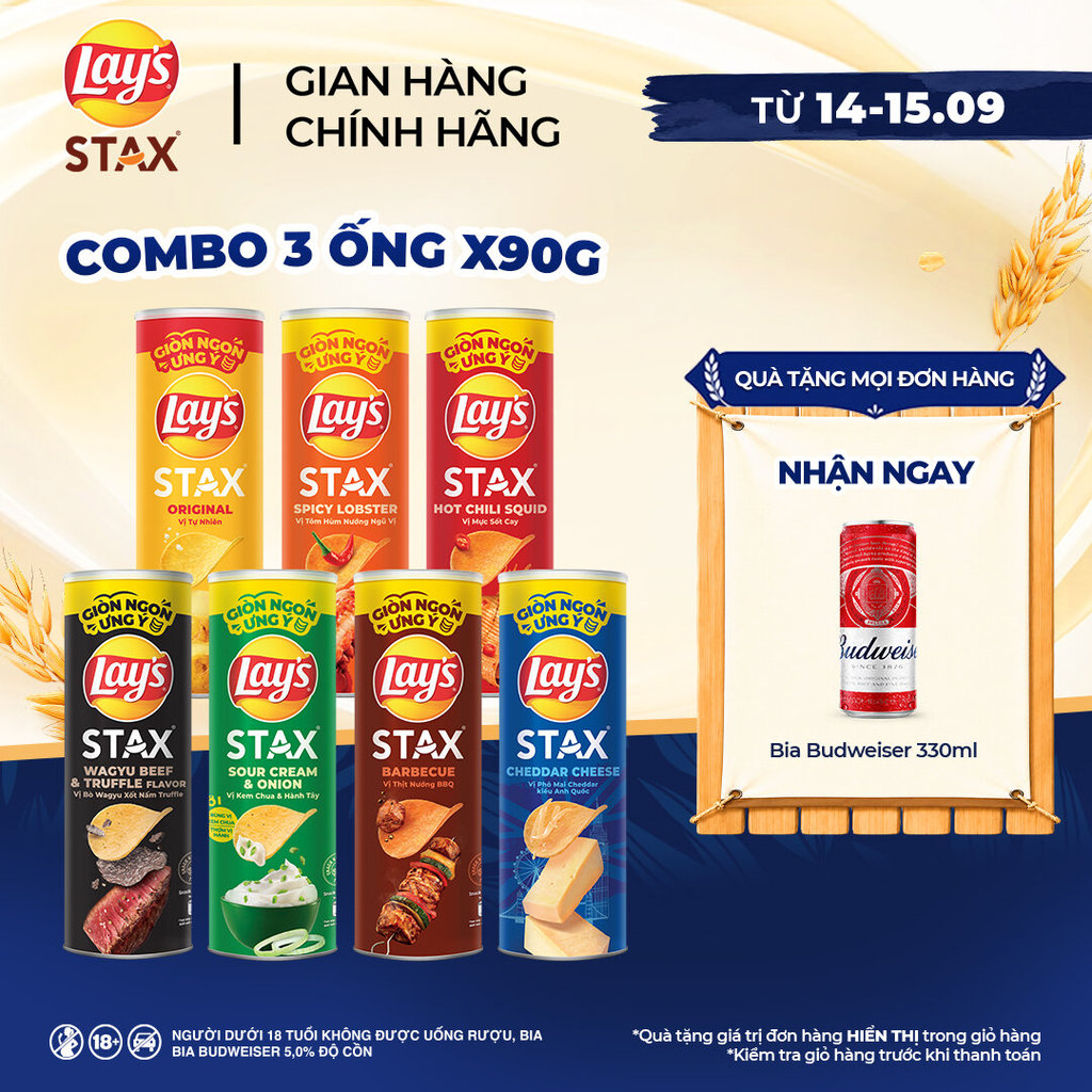 Combo 3 Ống Bánh Khoai Tây Miếng LAY'S STAX 90G Vị Tự Nhiên/Kem Chua Hành/Tôm Hùm/Phô Mai Cheddar/Mực Cay/BBQ/Bò Wagyu