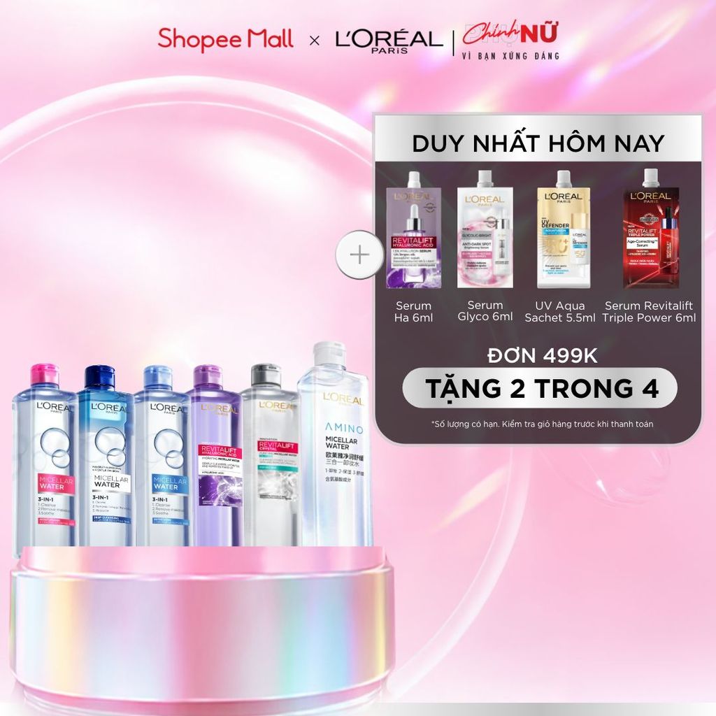[AMINO MICELLAR MỚI] Nước tẩy trang làm sạch sâu, loại bỏ bụi bẩn & trang điểm 3-in-1 L'Oreal Paris Micellar Water 400ml