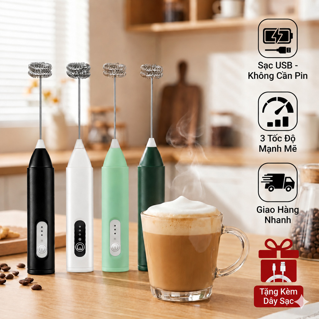 Máy Đánh Bọt Cà Phê Sạc USB 3 Cấp Độ - Máy Đánh Trứng Cầm Tay 2 Lò Xo Siêu Mạnh, Tự Pha Cappuccino, Latte Tại Nhà