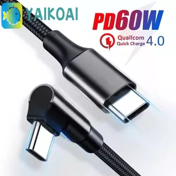 Dây sạc nhanh GLENES PD 60W, Cáp khuỷu tay bện Nylon 90 độ Loại C, Cáp sạc nhanh Truyền dữ liệu 0,5m / 1m / 2m 90 độ Cáp khuỷu tay đôi Loại C sang C