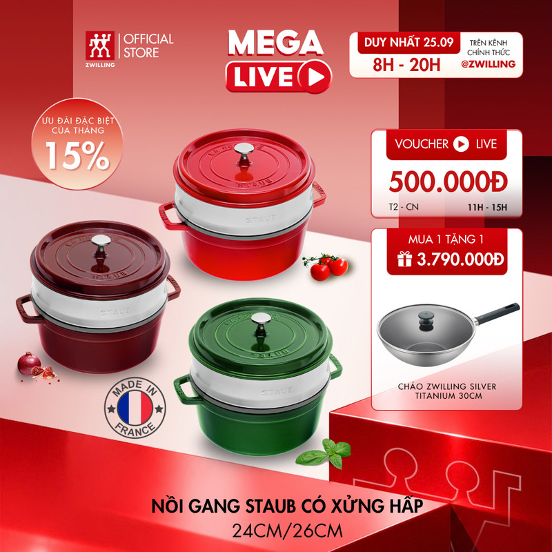 Nồi gang tráng men STAUB La Cocotte (màu đỏ Cherry, xanh Basil) kèm xửng hấp 24/26cm - sản xuất tại Pháp