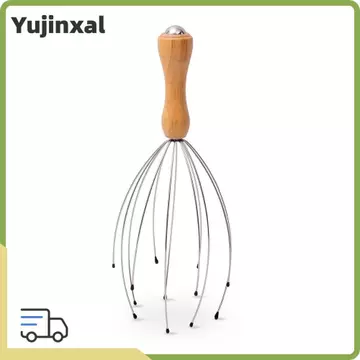 Máy mát xa đầu YUJINYU, Tay cầm bằng gỗ Máy mát xa da đầu dây kim loại linh hoạt, Đầu tròn linh hoạt Tám khung móng vuốt Đầu mịn Công cụ thư giãn da đầu Thư giãn da đầu
