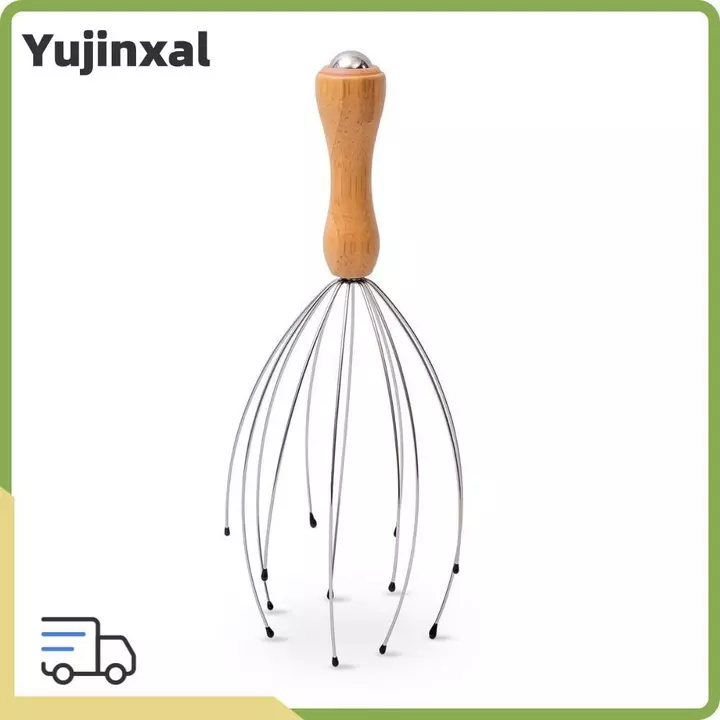 Máy mát xa đầu YUJINYU, Tay cầm bằng gỗ Máy mát xa da đầu dây kim loại linh hoạt, Đầu tròn linh hoạt Tám khung móng vuốt Đầu mịn Công cụ thư giãn da đầu Thư giãn da đầu
