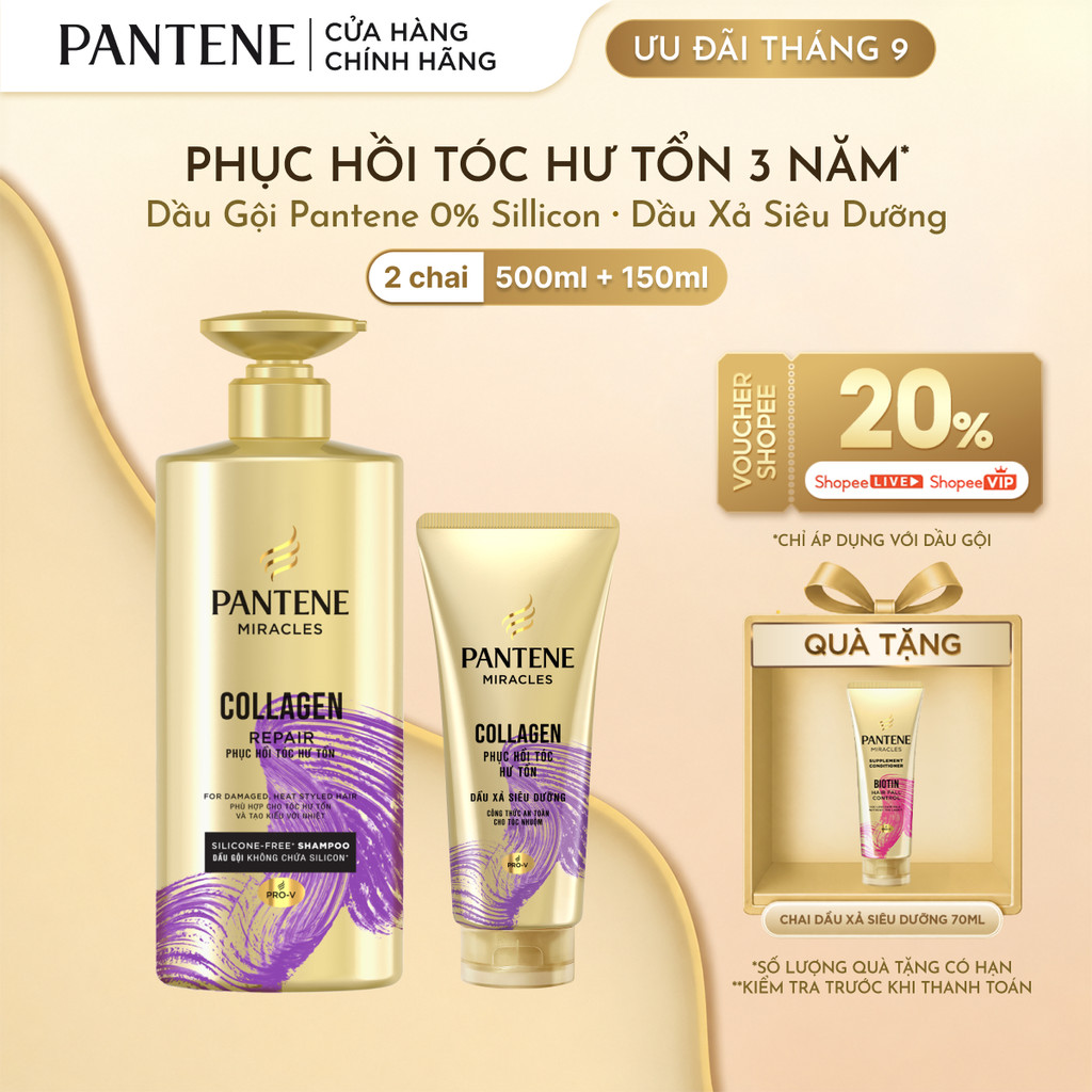 [LIVE] Combo Dầu Gội & Kem Xả PANTENE MIRACLES 0% Silicone Phục Hồi Hư Tổn / Ngăn Rụng Tóc - 500ML + 150ML