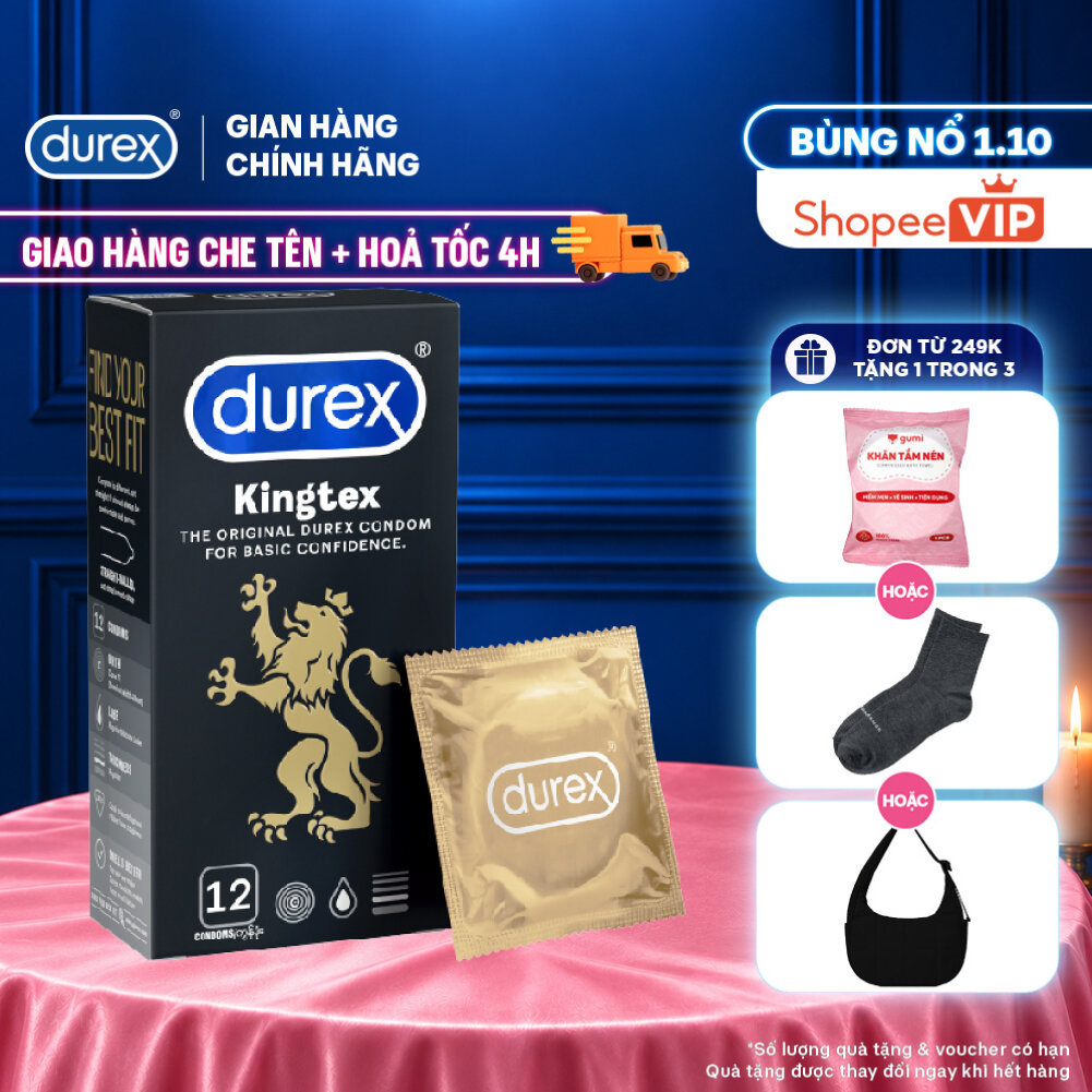 [HỎA TỐC 4H] Bao cao su Durex Kingtex ôm sát, bôi trơn, size 49mm, hộp 12 bao