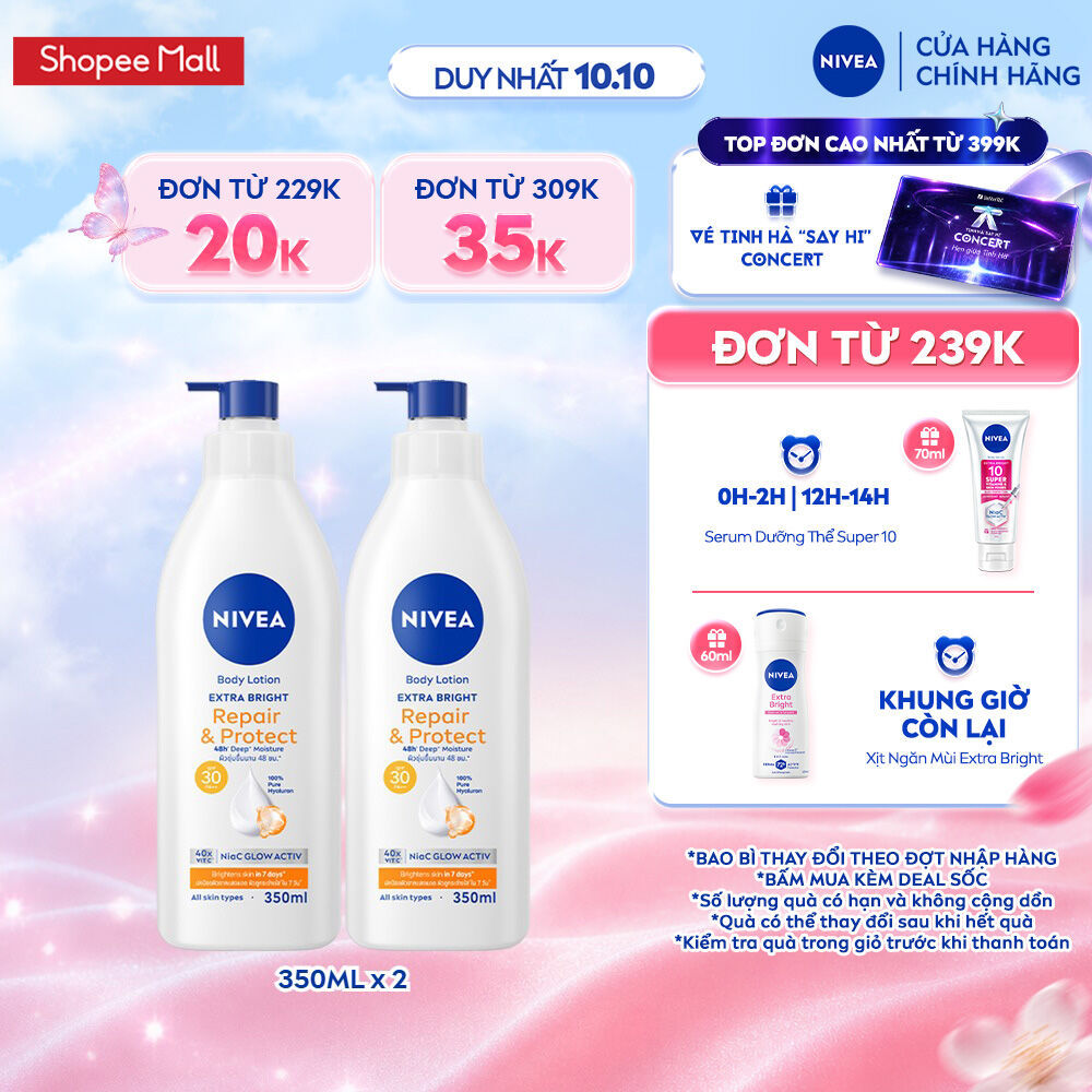Bộ 2 Sữa Dưỡng Thể NIVEA Extra Bright Dưỡng Da Sáng Mịn Sau 7 Ngày 350ml -  88311x2/98413x2/98412x2