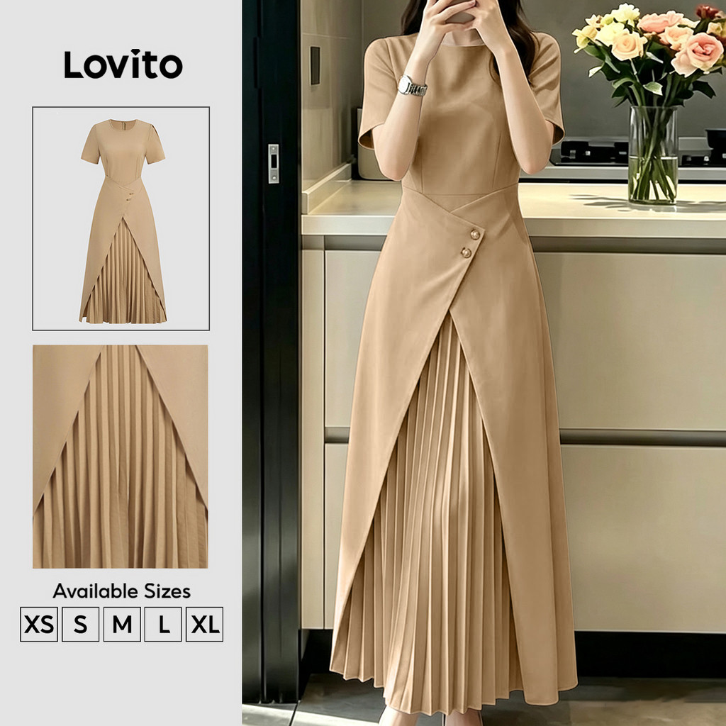 Đầm nữ Lovito kaki xuân hè xếp ly đắp thanh lịch DRB202P2D582