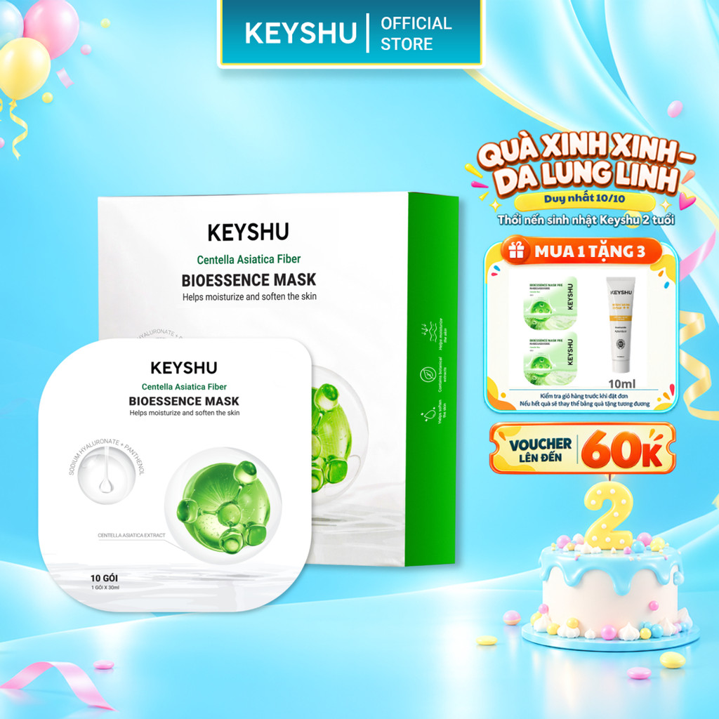 [TẶNG 2 MIẾNG] 1 Hộp Mặt Nạ Sợi Xơ Rau Má Centella Fiber KEYSHU Dưỡng Ẩm, Hỗ Trợ Ngăn Ngừa Lão Hóa 10 Miếng 30ML