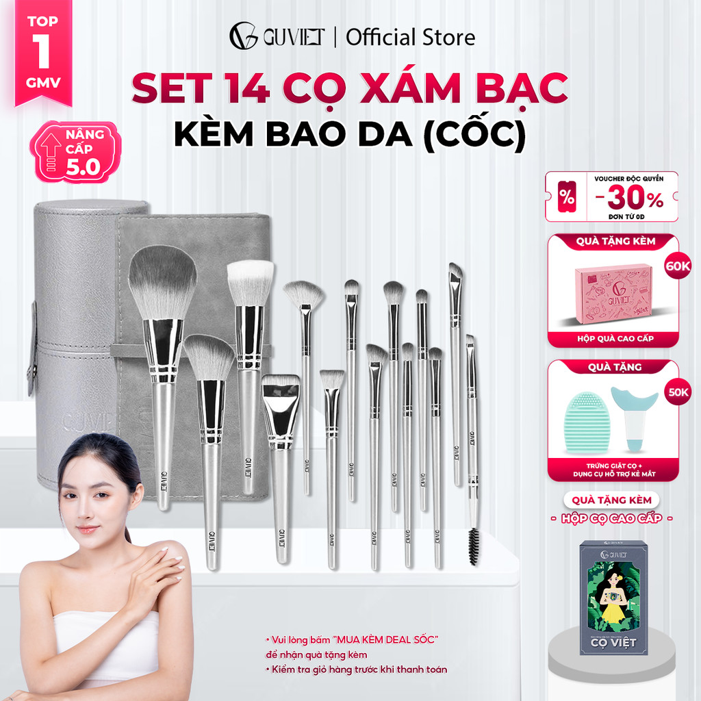 Bộ cọ trang điểm cá nhân GUVIET set 14 cây màu xám bạc có bao da (cốc)